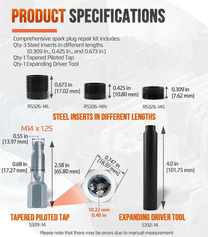 Krenlory 5334-14 Thread Repair Kit M14 x 1.25, Spark Plug Hole Thread Repair Kit Includes 14mm Reamer Tap, Insertion Tool & (3) Inserts, Spark Plug Saver - Image 4