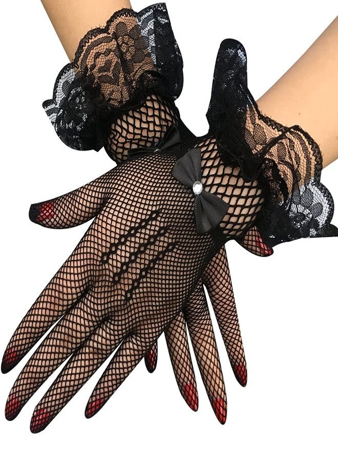 Anzailala Ladies Lace Gloves Elegant Short Gloves Courtesy Summer Gloves for Wedding Dinner Parties (Black) - Image 1