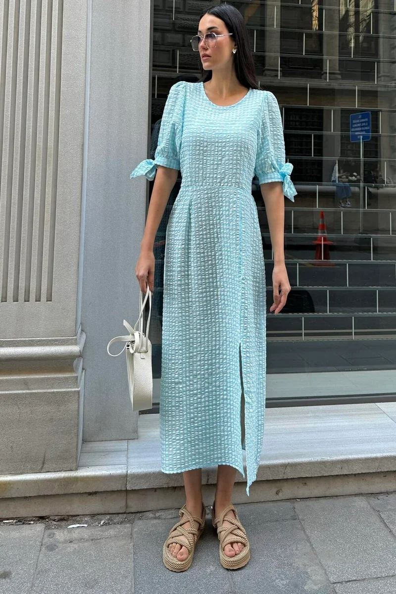 فور يو مودا Natural Viscose Seersucker Plaid Slit Long Blue Dress
