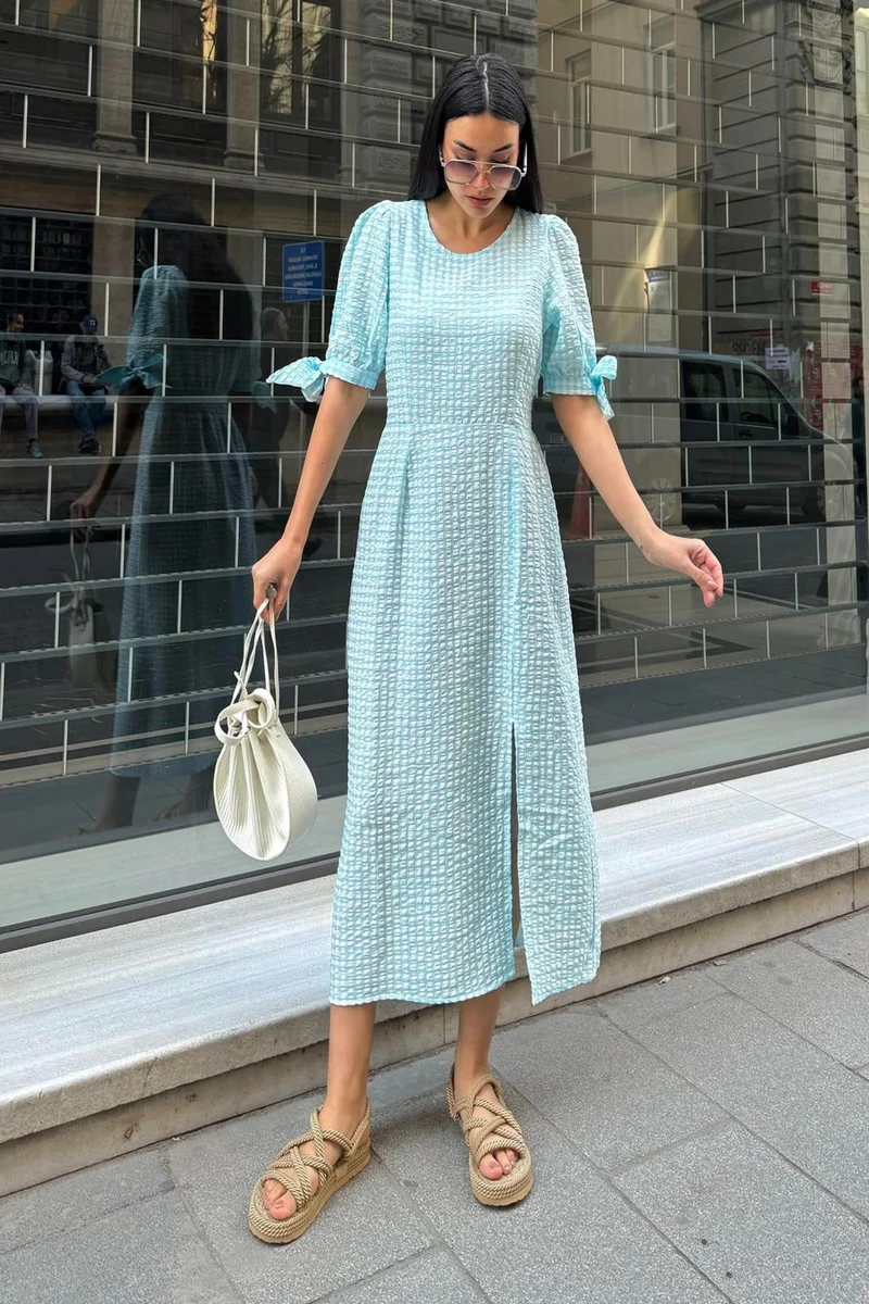 فور يو مودا Natural Viscose Seersucker Plaid Slit Long Blue Dress