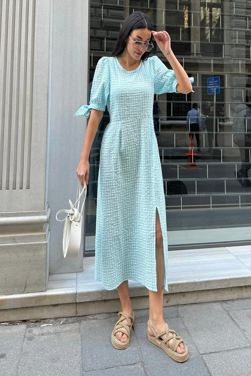 فور يو مودا Natural Viscose Seersucker Plaid Slit Long Blue Dress