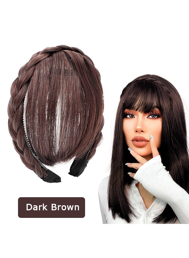 Front Hair Bangs Wigs Headband with Braid, Synthetic Bangs Wigs Headband with Sideburns for Women Girl (Dark Brown) - Image 1