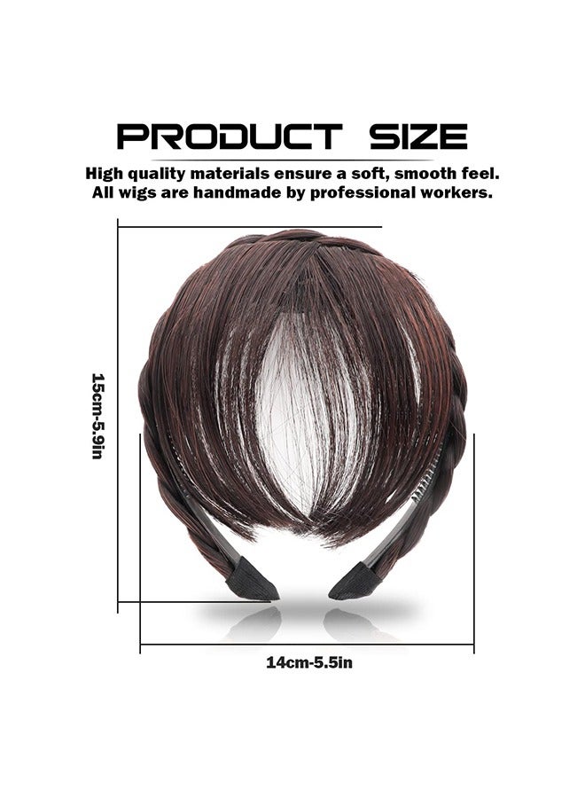 Front Hair Bangs Wigs Headband with Braid, Synthetic Bangs Wigs Headband with Sideburns for Women Girl (Dark Brown) - Image 2