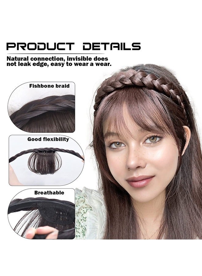 Front Hair Bangs Wigs Headband with Braid, Synthetic Bangs Wigs Headband with Sideburns for Women Girl (Dark Brown) - Image 3