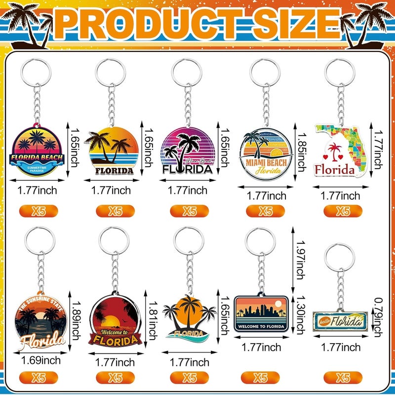 Trnayi 50 Pcs Florida Souvenirs Acrylic Keychain Gifts Bulk United State Florida Keychain Palm Tree Sea Sun Map Travel Gifts Souvenirs for Women Men Friends - Image 2