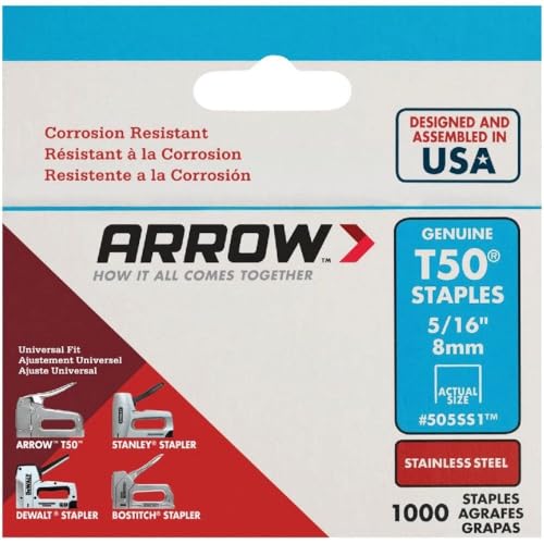 Arrow Fastener دبابيس Arrow Fastener 505SS1 الثقيلة T50 من الفولاذ المقاوم للصدأ للتنجيد، البناء، الأثاث، الحرف، بطول ساق 5/16 بوصة، وحجم تاج 3/8 بوصة، عبوة 1000، مصنوعة في الولايات المتحدة الأمريكية - Image 4