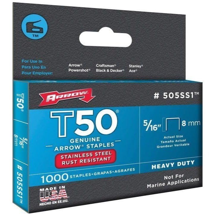 Arrow Fastener دبابيس Arrow Fastener 505SS1 الثقيلة T50 من الفولاذ المقاوم للصدأ للتنجيد، البناء، الأثاث، الحرف، بطول ساق 5/16 بوصة، وحجم تاج 3/8 بوصة، عبوة 1000، مصنوعة في الولايات المتحدة الأمريكية - Image 3