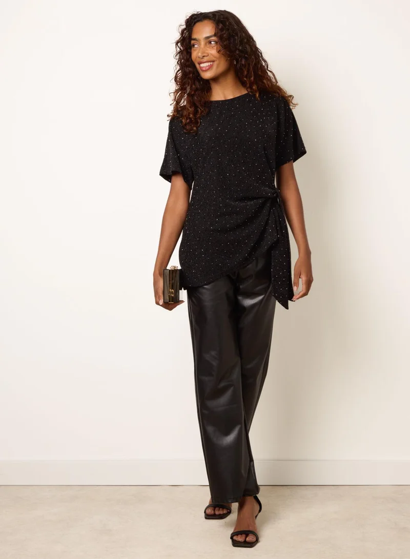 بلو فانيلا Side Tie Rhinestone Jacquard Top