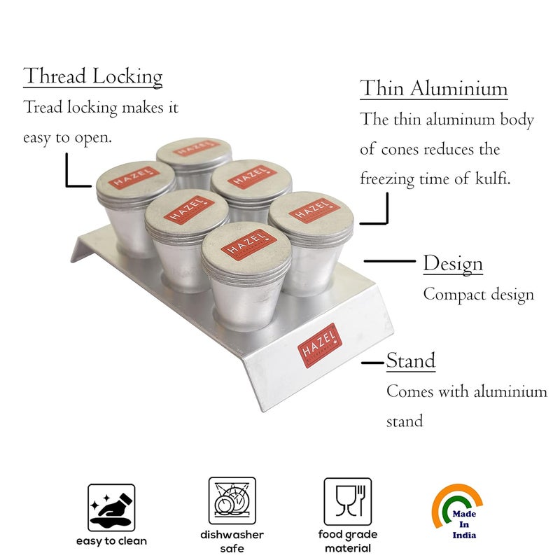 Hazel Kulfi Moulds Set Aluminium - Traditional Ice Cream Medium Mould Set of 6 With Stand - Reusable Popsicle Maker,21X13X7.5 Cm - Image 3