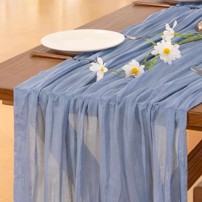 Socomi Dusty Blue Table Runner Spring Easter Cheesecloth Table Runner 170 inch Cheese Cloth 14FT Boho Rustic Gauze for Wedding Party Baby Shower Decor - Image 3