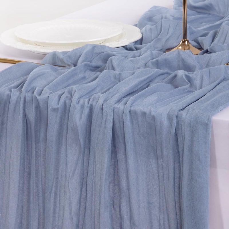 Socomi Dusty Blue Table Runner Spring Easter Cheesecloth Table Runner 170 inch Cheese Cloth 14FT Boho Rustic Gauze for Wedding Party Baby Shower Decor - Image 1