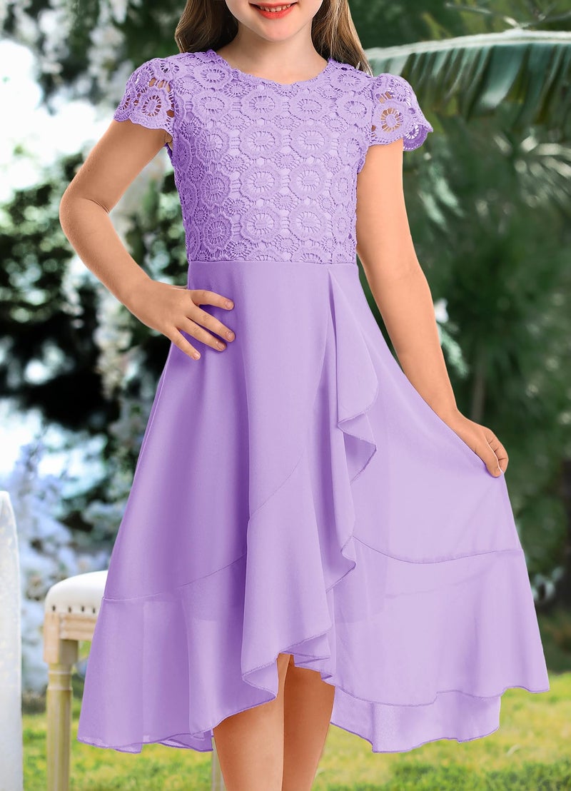 HOSIKA Girls Bohemian Ruffle Short Sleeve Chiffon Communion Formal A-line Dress for Wedding Party 10-11 Years Light Purple - Image 2