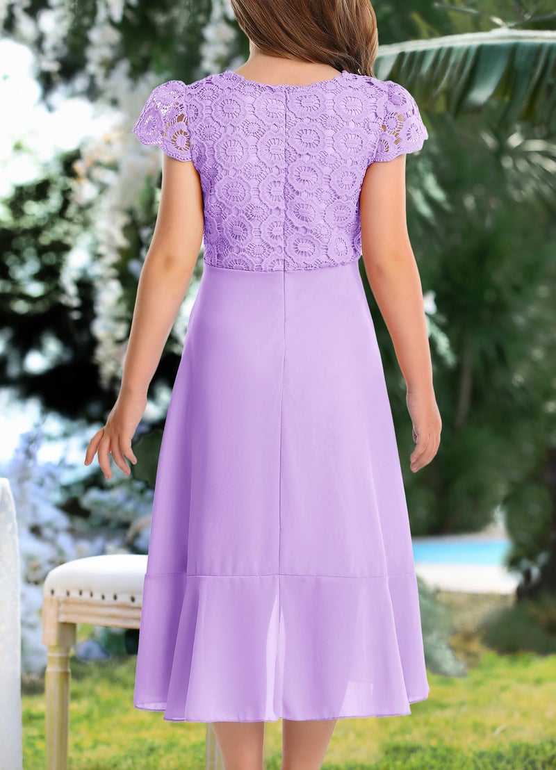 HOSIKA Girls Bohemian Ruffle Short Sleeve Chiffon Communion Formal A-line Dress for Wedding Party 10-11 Years Light Purple - Image 5