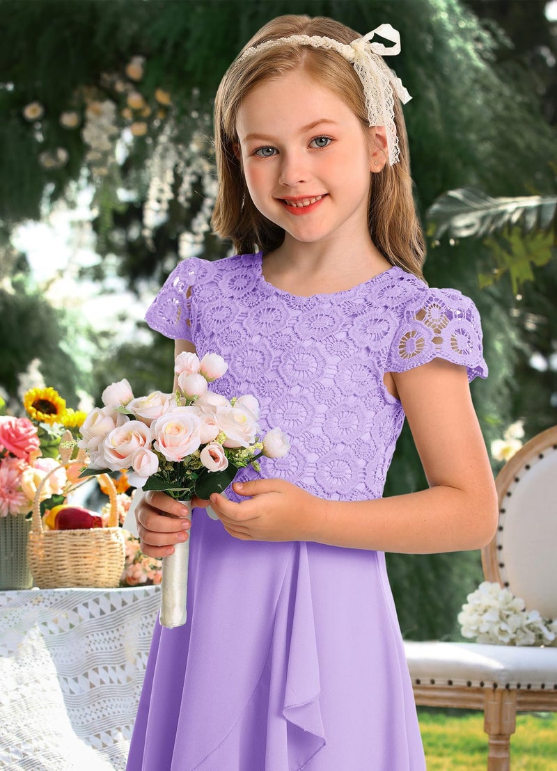 HOSIKA Girls Bohemian Ruffle Short Sleeve Chiffon Communion Formal A-line Dress for Wedding Party 10-11 Years Light Purple - Image 4