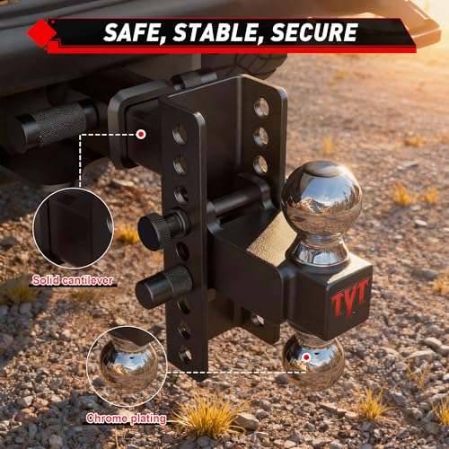 TYT Adjustable Truck Trailer Hitch for 2 inch Receiver, 6" Drop/Rise Tow Hitch with Dual Balls (2" & 2-5/16"),Includes Two Pin Locks & Hitch Tightener - Image 4