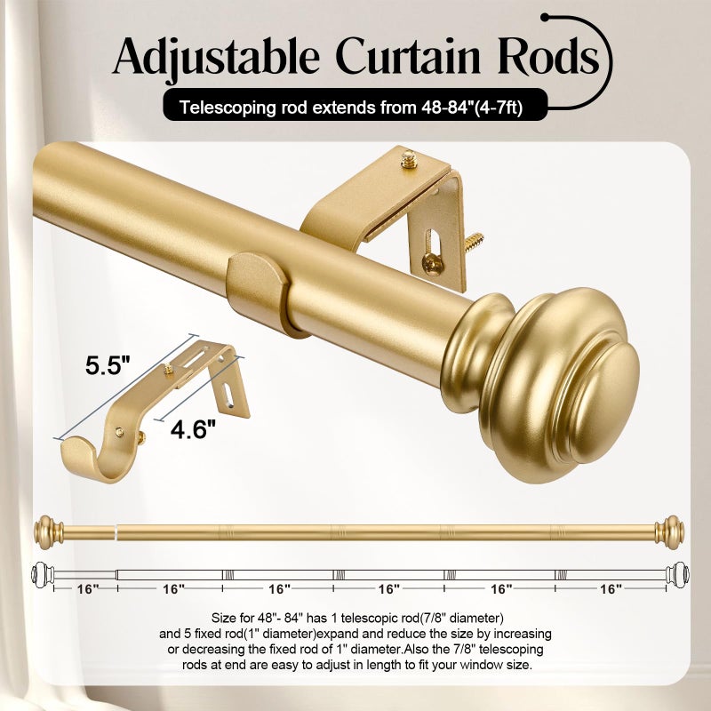 SIMEWIN Heavy Duty Curtain Rods for Windows 48 to 84 Inches, 1 Inch Gold Curtain Rod for Bedroom, Living Room, Patio, Kitchen, Adjustable Curtains Rods with Classic Finials, Gold Finishing - Image 5