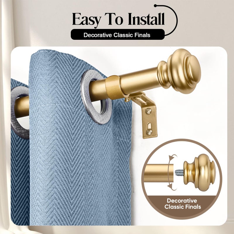 SIMEWIN Heavy Duty Curtain Rods for Windows 48 to 84 Inches, 1 Inch Gold Curtain Rod for Bedroom, Living Room, Patio, Kitchen, Adjustable Curtains Rods with Classic Finials, Gold Finishing - Image 2