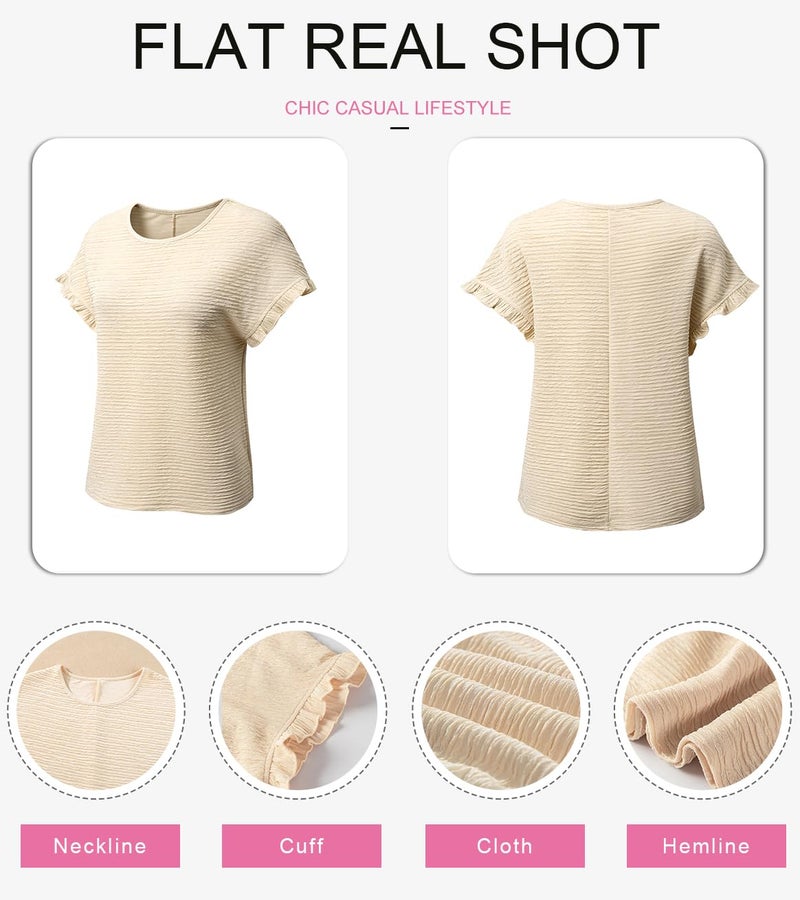 Shein SHEWIN Womens Fashion 2026 Crew Neck Short Sleeve Shirts Casual Textured Work Tee Blouses Cute Summer Tops for Women Trendy Apricot L - Image 5