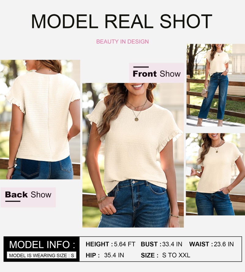 Shein SHEWIN Womens Fashion 2026 Crew Neck Short Sleeve Shirts Casual Textured Work Tee Blouses Cute Summer Tops for Women Trendy Apricot L - Image 4