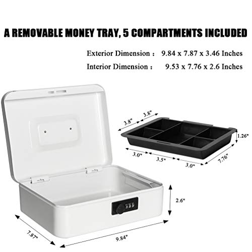 Jssmst Large Cash Box with Combination Lock – Durable Metal Cash Box with Money Tray white(9.8 x 7.9 x 3.5), SM-CB07005L - Image 3