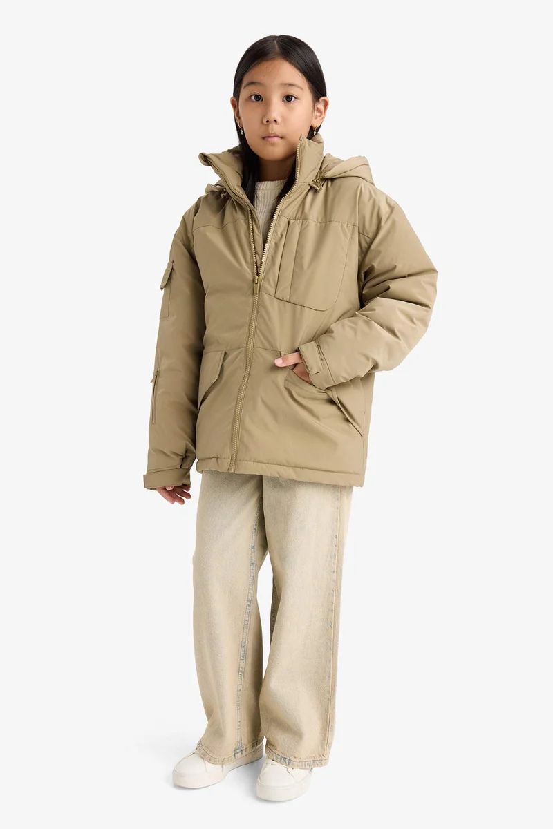 ديفاكتو Girl Removable Faux Fur Collar Hooded Jacket