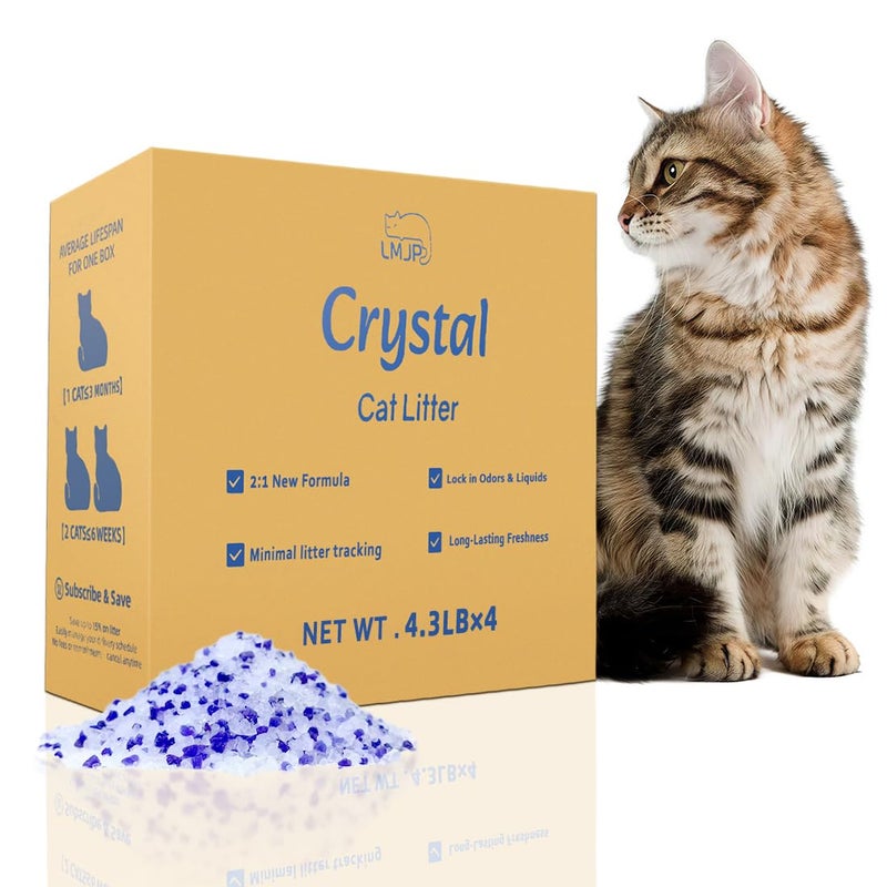 LMJP Crystal Cat Litter with Powerful Odor Control, Non-Clumping, Lasts Up to 4 Months, 17.2lb, Rapid Water Absorption, Unscented & Low Tracking Lightweight Blue & White Silica, 4 Pack of 4.3lb - Image 1