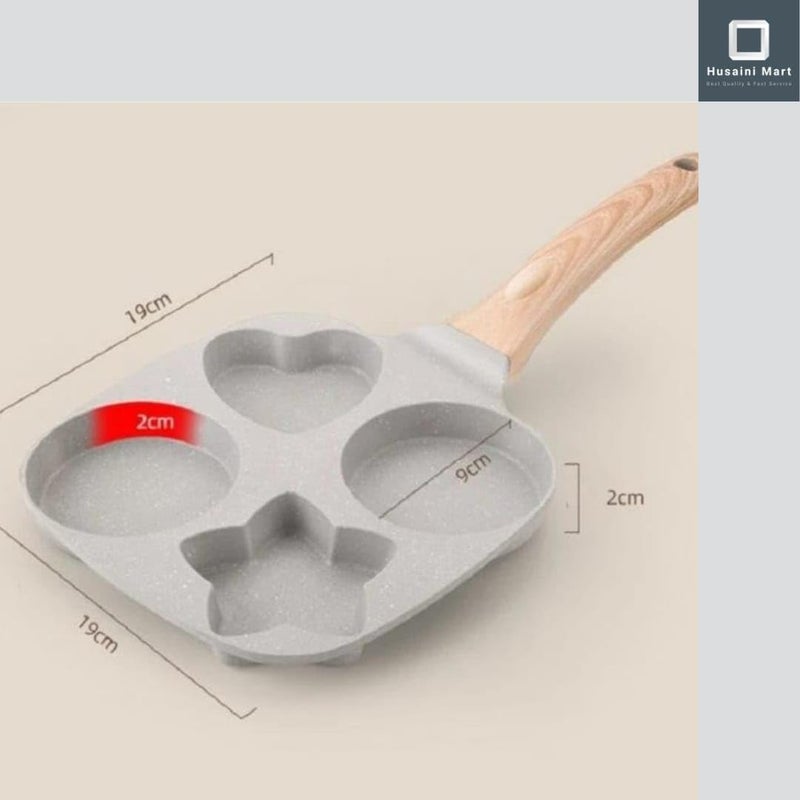 HUSAINI MART Multicolour 4 Cavity 2 Circle 1 Heart 1 Star Shape Frying Pan Wood Handle Nonstick Stainless Steel Food Clip 12 inch Tong for Home Cookware for Grilling Breakfast Egg Pancake - Image 2