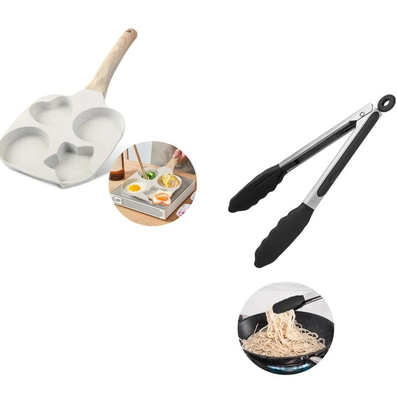 HUSAINI MART Multicolour 4 Cavity 2 Circle 1 Heart 1 Star Shape Frying Pan Wood Handle Nonstick Stainless Steel Food Clip 12 inch Tong for Home Cookware for Grilling Breakfast Egg Pancake - Image 1