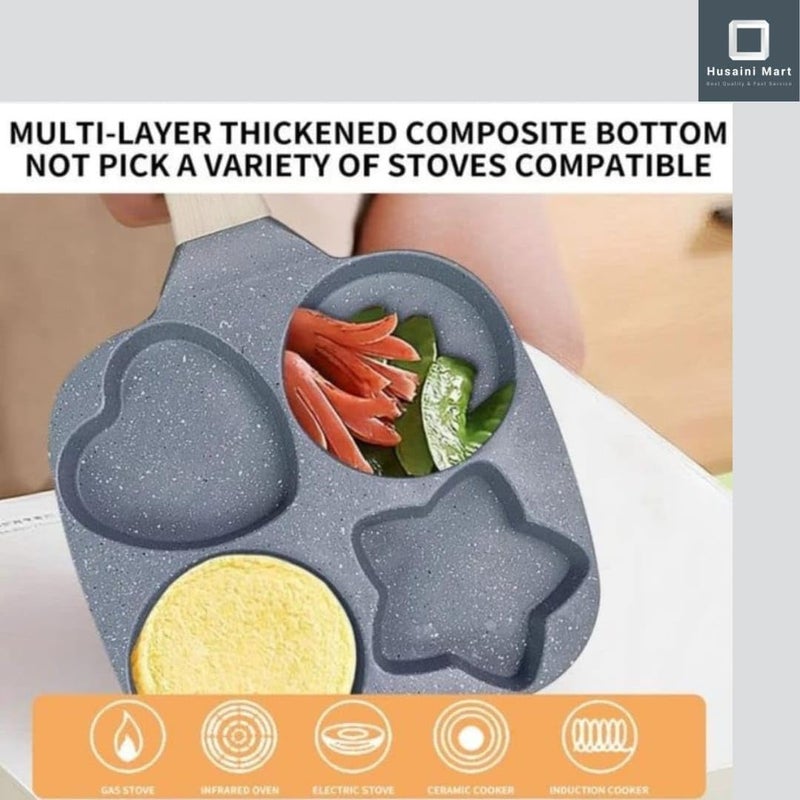 HUSAINI MART Multicolour 4 Cavity 2 Circle 1 Heart 1 Star Shape Frying Pan Wood Handle Nonstick Stainless Steel Food Clip 12 inch Tong for Home Cookware for Grilling Breakfast Egg Pancake - Image 5