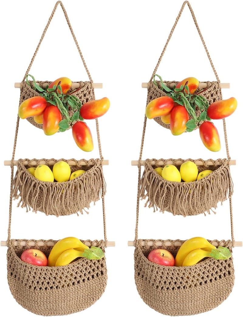 Hanging Fruit Basket Set, 2 Pcs, 3 Tier, Cotton Rope, 35.4 in, Bohemian Decor - Image 1