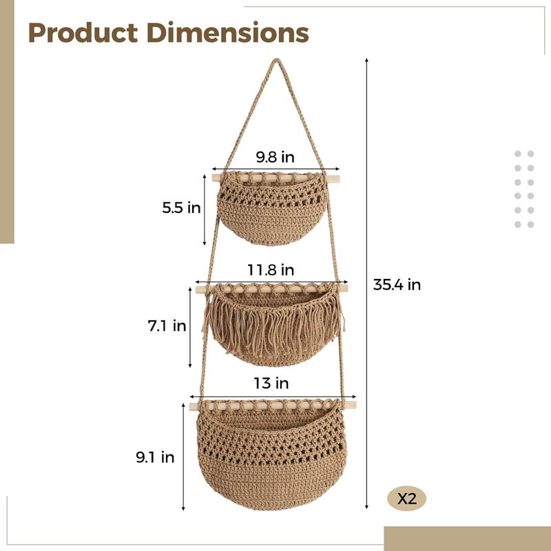 Hanging Fruit Basket Set, 2 Pcs, 3 Tier, Cotton Rope, 35.4 in, Bohemian Decor - Image 3