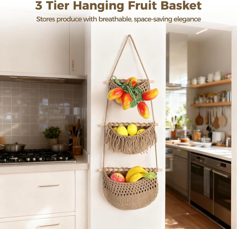 Hanging Fruit Basket Set, 2 Pcs, 3 Tier, Cotton Rope, 35.4 in, Bohemian Decor - Image 5