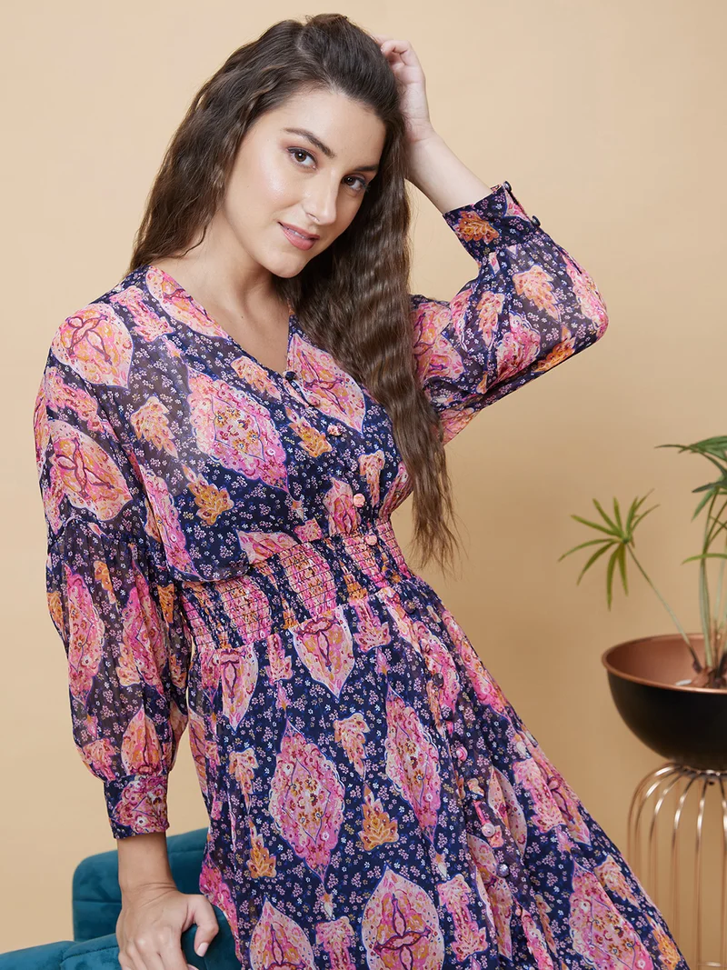 globus Globus Women Floral Printed Smocked Detailed Cuffed Sleeve Fit & Flare Dress