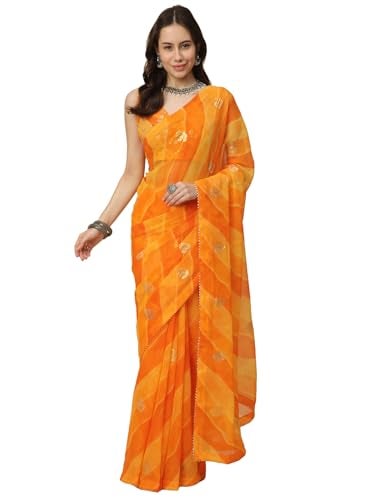 RATAN Women's Shimmer Georgette Leheriya Printed Saree with Embroidered Blouse Piece (GLL-BP-21887_Yellow) - Image 1