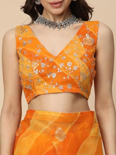 RATAN Women's Shimmer Georgette Leheriya Printed Saree with Embroidered Blouse Piece (GLL-BP-21887_Yellow) - Image 3