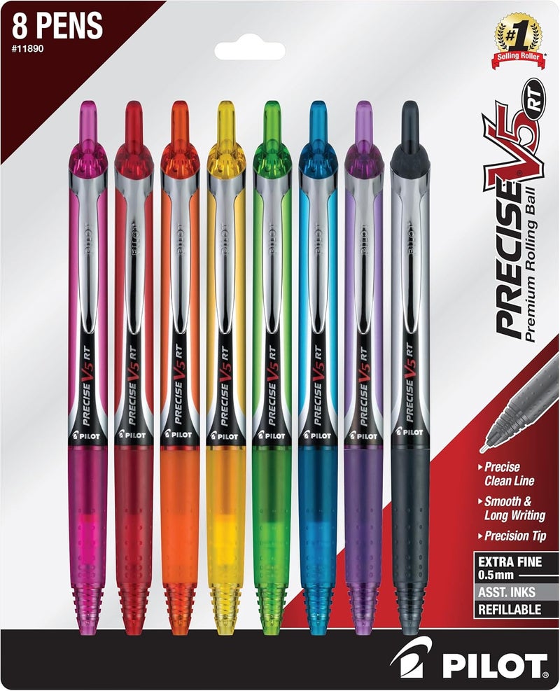 PILOT Precise V5 RT Refillable & Retractable Rolling Ball Pens, Extra Fine Point Pens, 0.5 mm, Vibrant, Pack of 8 - Ideal for School, Journaling & Office Writing - Image 1