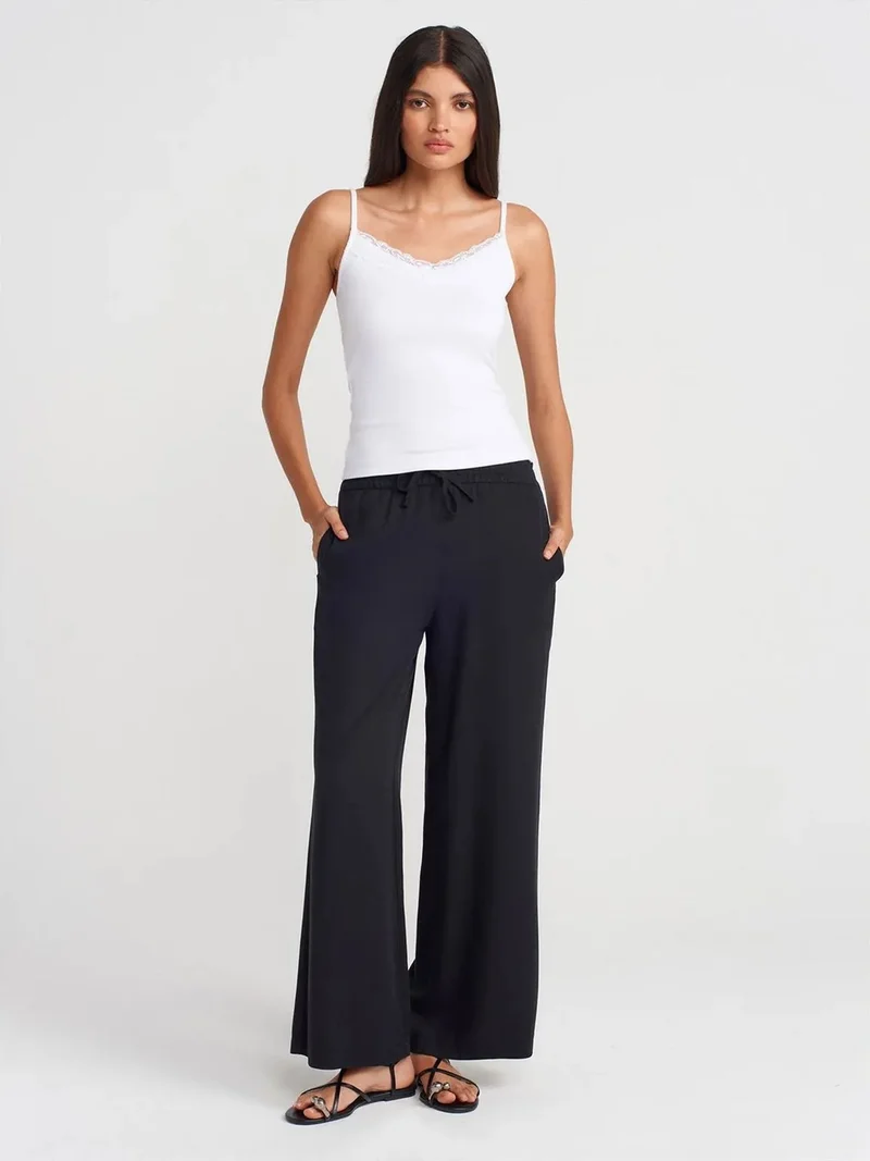 ديلفين DILVIN Tencel Wide-leg Trousers With Drawstring Waist