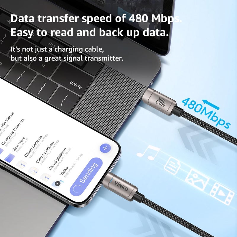 Vinko كابل 240W USB-C إلى USB-C، شحن سريع ومزامنة بيانات بسرعة 480 ميجابت في الثانية، سلك متين من النايلون المضفر لأجهزة MacBook وسلسلة iPhone 15 وسامسونج وأجهزة الكمبيوتر المحمولة وجميع أجهزة USB-C (2 متر) - Image 2