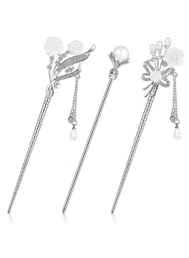 Waydress 3 Pieces Chinese Hair Stick Japanese Hairpin Hair Chopsticks for Women Pearl Rhinestone Flower Hair Accessories Vintage Tassel Handmade Chignon Jewelry for Girls (Traditional Style) - Image 1