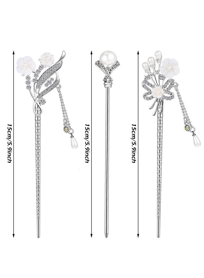Waydress 3 Pieces Chinese Hair Stick Japanese Hairpin Hair Chopsticks for Women Pearl Rhinestone Flower Hair Accessories Vintage Tassel Handmade Chignon Jewelry for Girls (Traditional Style) - Image 3