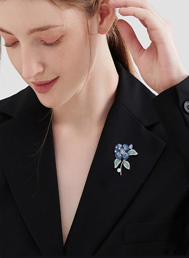 OIDIMS Rhinestone Blue Bloom Flower Brooch Pin for Women Vintage Crystal Pearl Floral Brooches Lapel Pins Banquet Decor Dress Clothes Accessories Wedding Corsage Holiday Party Jewelry for Her Girlfriend - Image 2