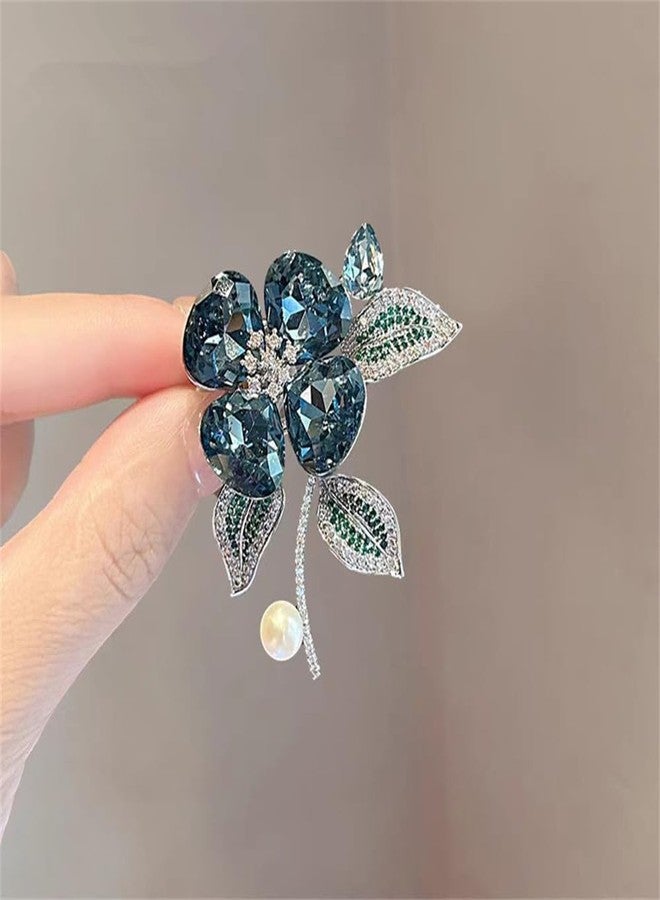 OIDIMS Rhinestone Blue Bloom Flower Brooch Pin for Women Vintage Crystal Pearl Floral Brooches Lapel Pins Banquet Decor Dress Clothes Accessories Wedding Corsage Holiday Party Jewelry for Her Girlfriend - Image 4