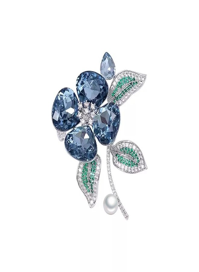 OIDIMS Rhinestone Blue Bloom Flower Brooch Pin for Women Vintage Crystal Pearl Floral Brooches Lapel Pins Banquet Decor Dress Clothes Accessories Wedding Corsage Holiday Party Jewelry for Her Girlfriend - Image 1