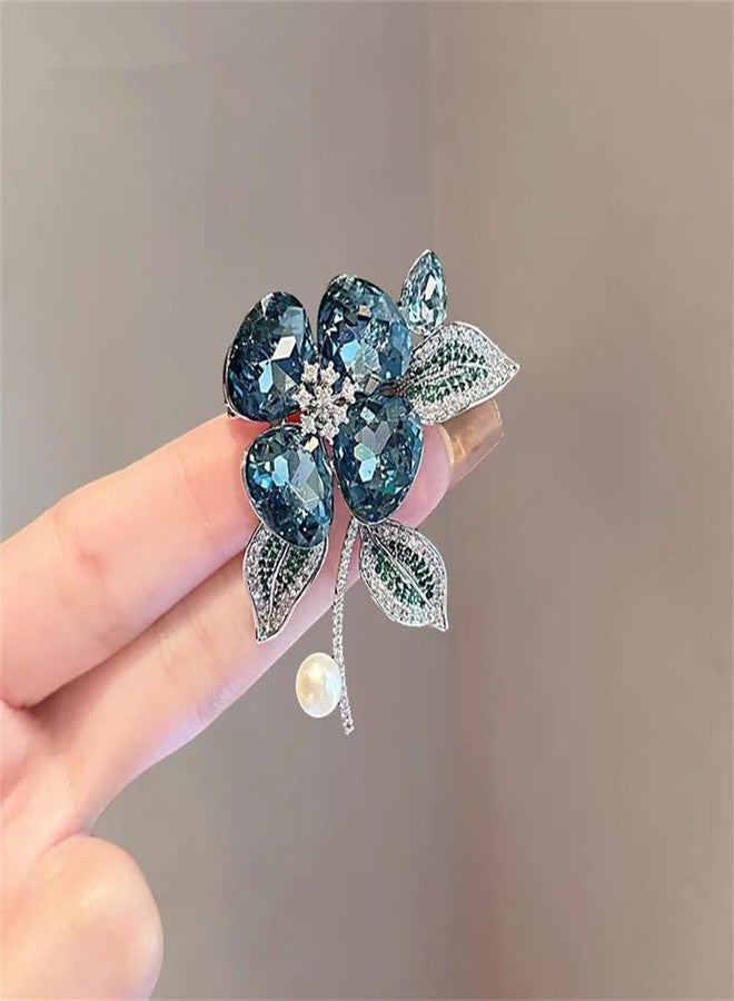 OIDIMS Rhinestone Blue Bloom Flower Brooch Pin for Women Vintage Crystal Pearl Floral Brooches Lapel Pins Banquet Decor Dress Clothes Accessories Wedding Corsage Holiday Party Jewelry for Her Girlfriend - Image 5