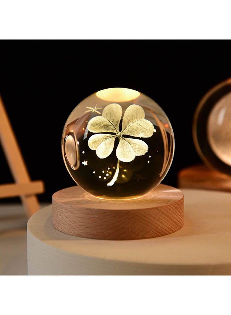 (Four Leaf Clover) 3D Glass Crystal Ball Night Light with Wooden Base Fantasy Decoration LED Night Light Bedroom Decoration - Image 1