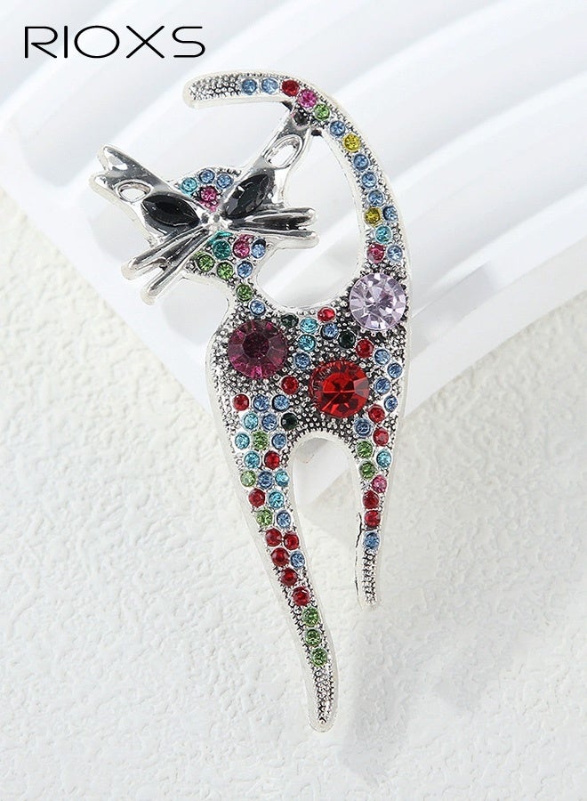 RIOXS Vintage Rhinestone Cat Brooch Pin for Women, Girls Silver Plated Fashion Adorable Colorful Crystals Animal Kitten Brooches Lapel Pins, for Dress Suit Hat Bag Accessories, for Party Wedding Dating Performance Prom etc. - Image 1