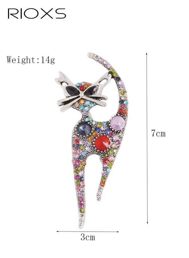 RIOXS Vintage Rhinestone Cat Brooch Pin for Women, Girls Silver Plated Fashion Adorable Colorful Crystals Animal Kitten Brooches Lapel Pins, for Dress Suit Hat Bag Accessories, for Party Wedding Dating Performance Prom etc. - Image 2
