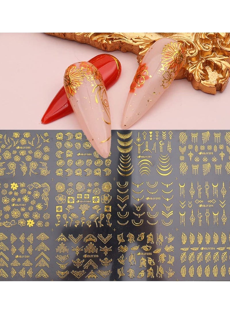 SYOSI 12 Styles Nail Art Stickers for Acrylic Nails, Self Adhesive Nail Decals, 3D Metallic Golden Flowers Leaves Lines Nail Art Supplies Floral Nail Stickers for Women Girls Kids - Image 1