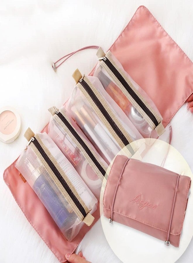 MAHNTMART Nylon 4 in 1 Travel Toiletry Makeup Cosmetic Organizer Pouch Bag Travel Storage Organizer Bags Pouches Kit for Men and Women Makeup Essentials Bag (Pink) - Image 2