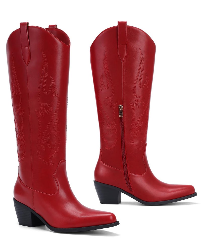 Pasuot Western Cowboy Boots for Women - Knee High Wide Calf Cowgirl Boots, Slip On Pointed Toe Chunky Heel Fashion Retro Classic Pull On Tall Boot for ladies Party concert Dark Red US 8 - Image 4